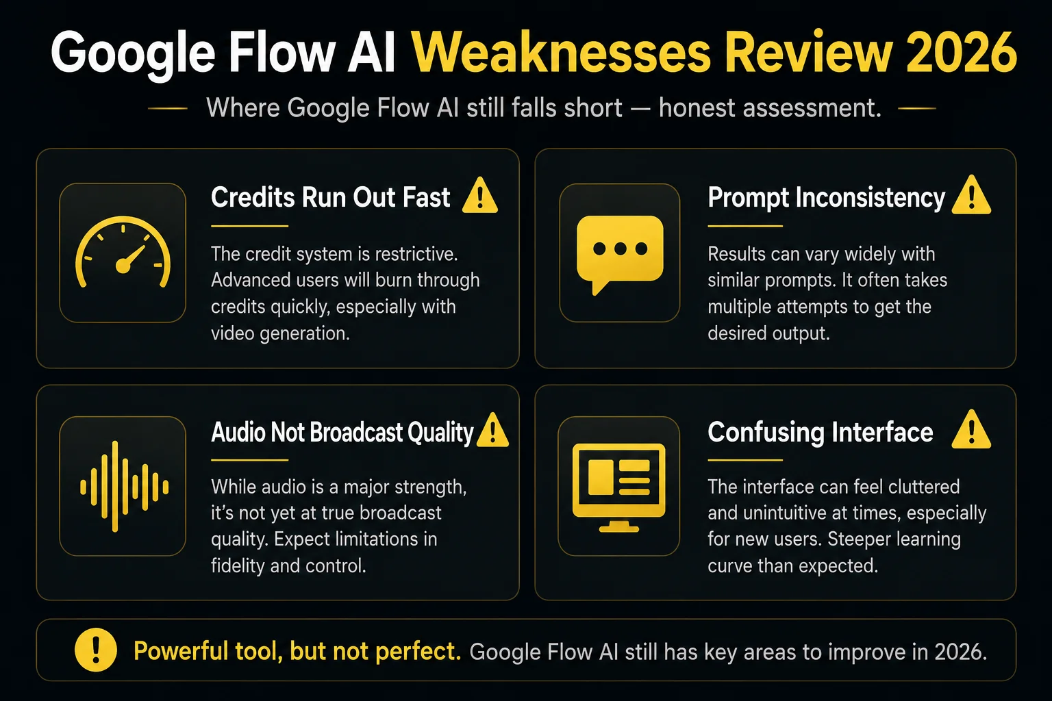 Google Flow AI weaknesses cons review 2026 showing credit system prompts and consistency issues