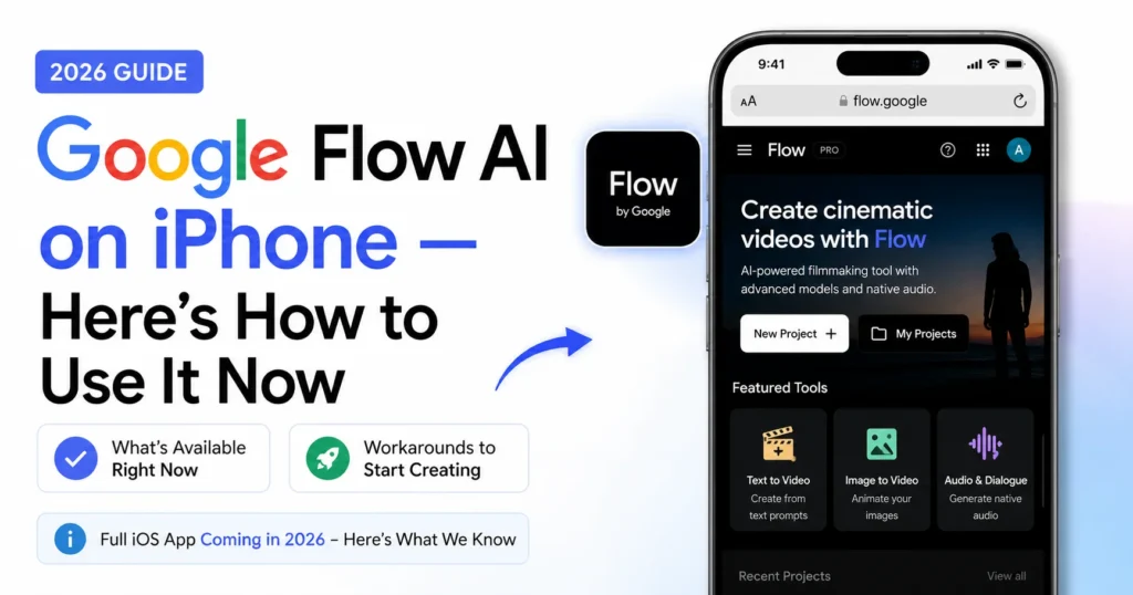 Google Flow AI iPhone iOS app 2026 showing current status and workaround to use on iPhone