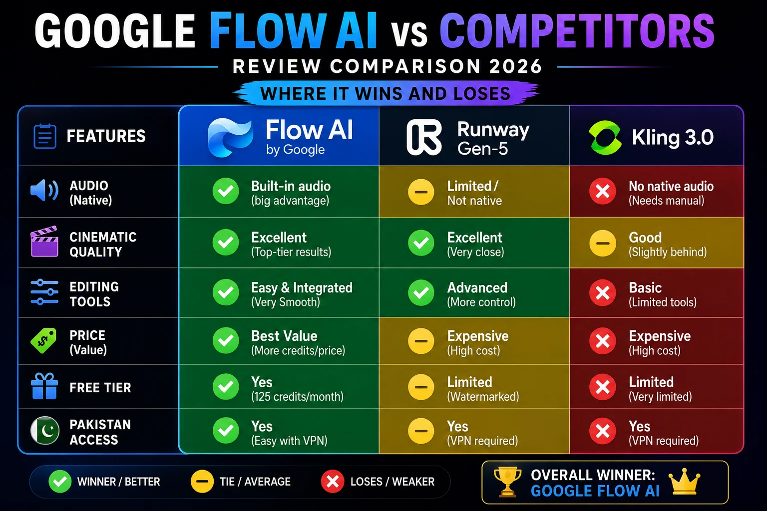 Google Flow AI vs competitors review comparison 2026 showing Runway Kling Sora comparison table