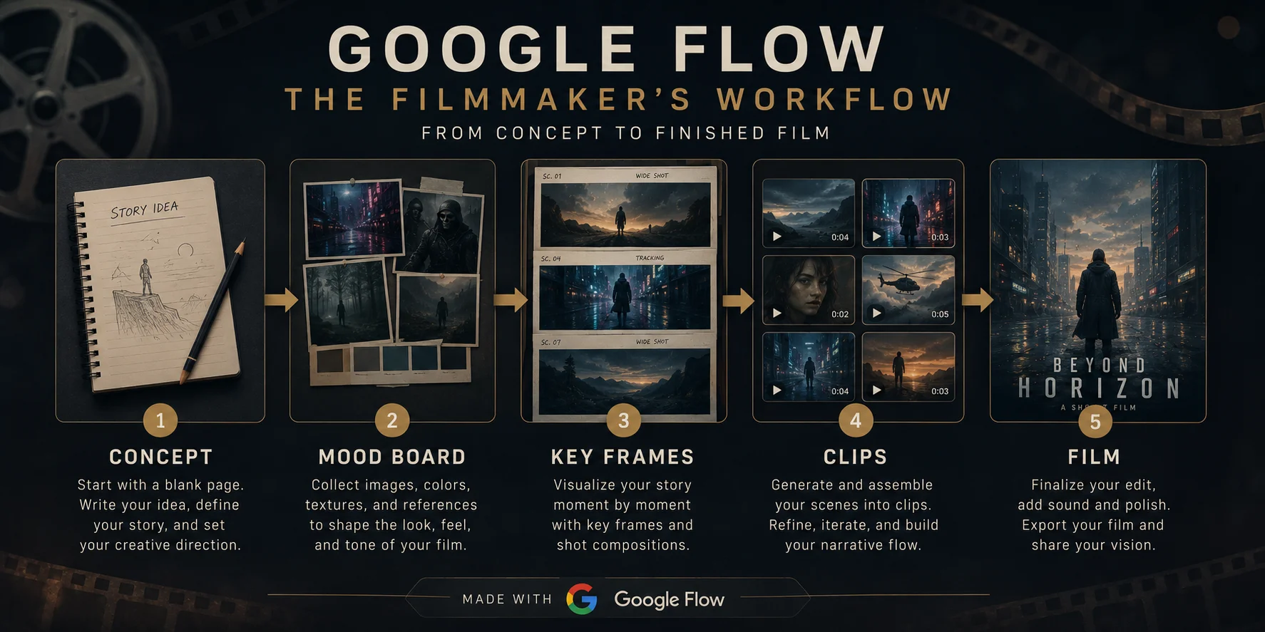 Google Flow filmmaker workflow 2026 showing complete process from concept to finished short film
