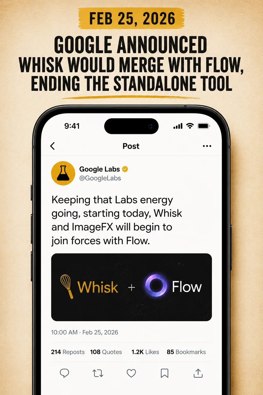Whisk AI shutdown announcement February 2026 showing Google Labs Twitter post about merger with Flow