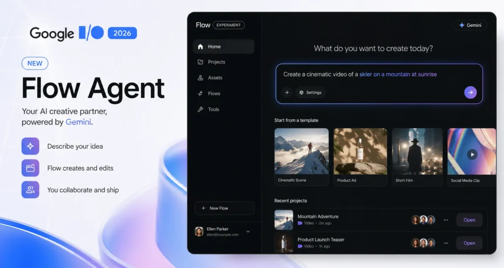 Google Flow AI Agent launch at Google I/O 2026 showing Gemini-powered creative assistant