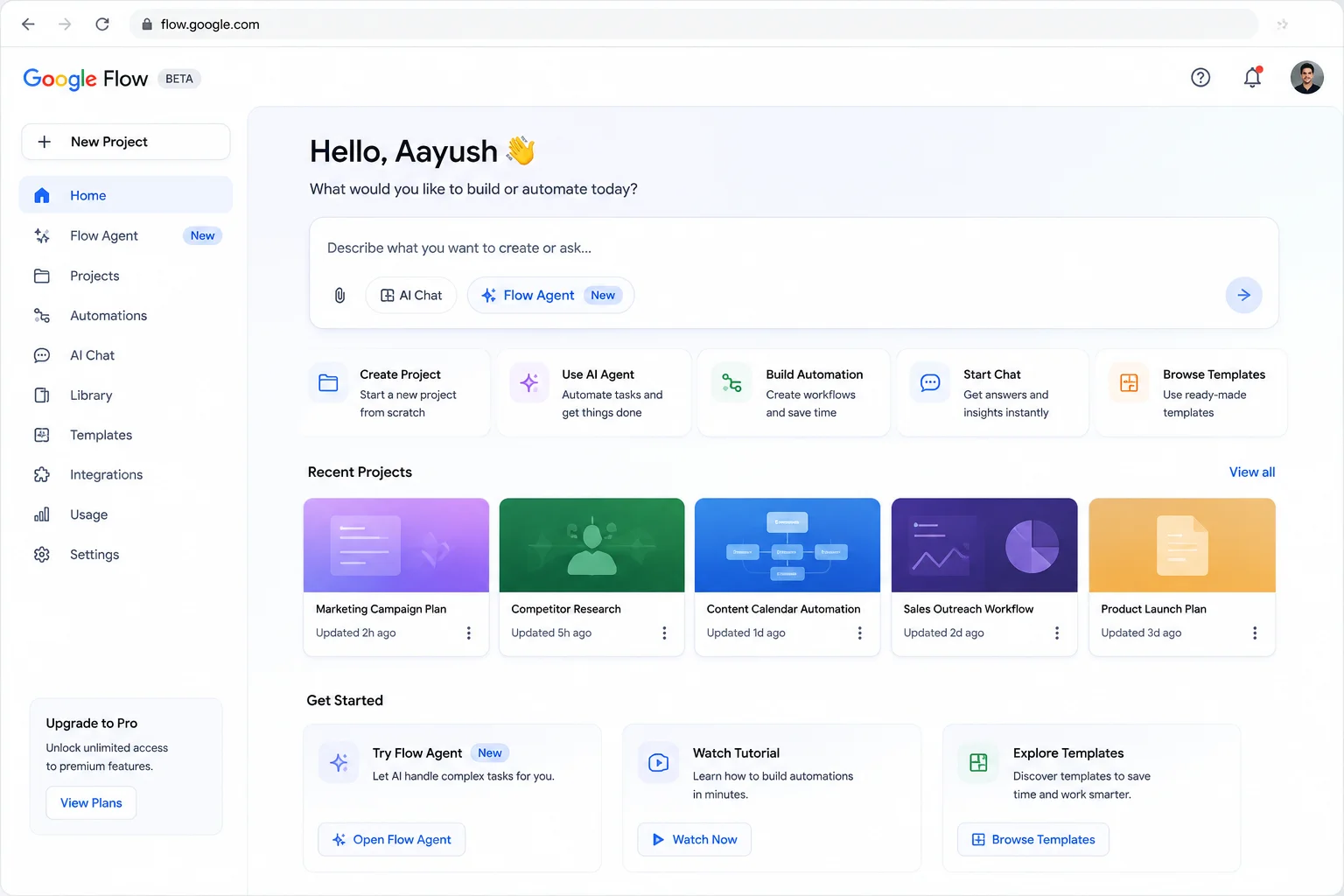 Google Flow AI workspace showing Flow Agent access button June 2026
