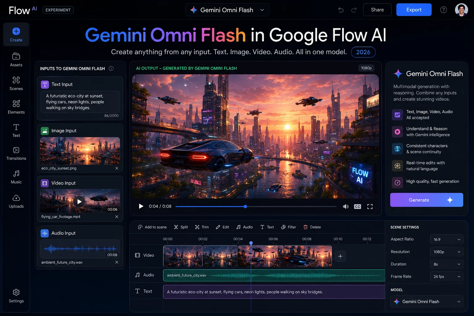 Gemini Omni Flash inside Google Flow AI workspace showing text image video audio input 2026