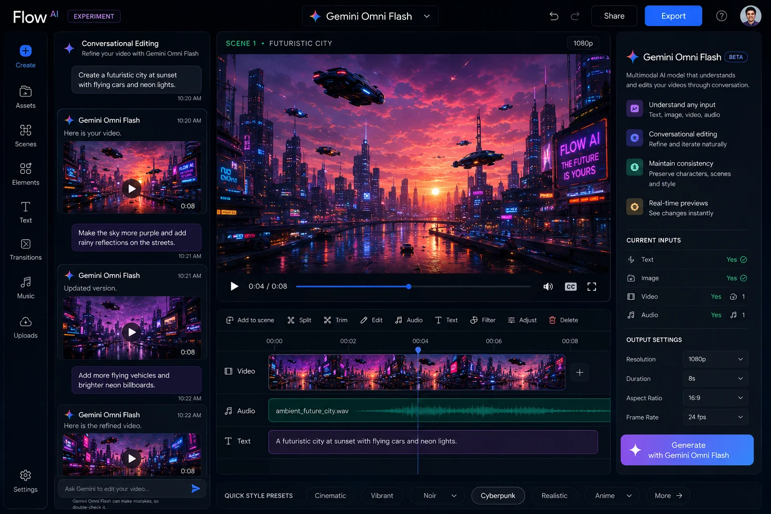 Gemini Omni Flash conversational editing interface refining video through chat in Google Flow 2026