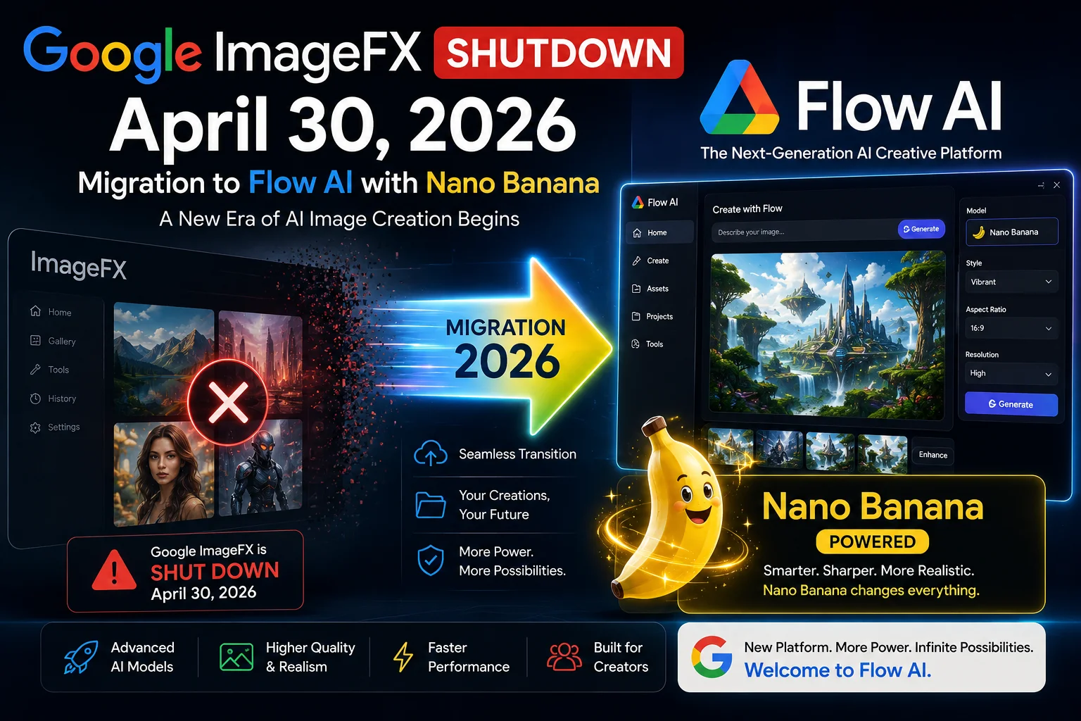 Google ImageFX shutdown April 30 2026 migration to Flow AI with Nano Banana