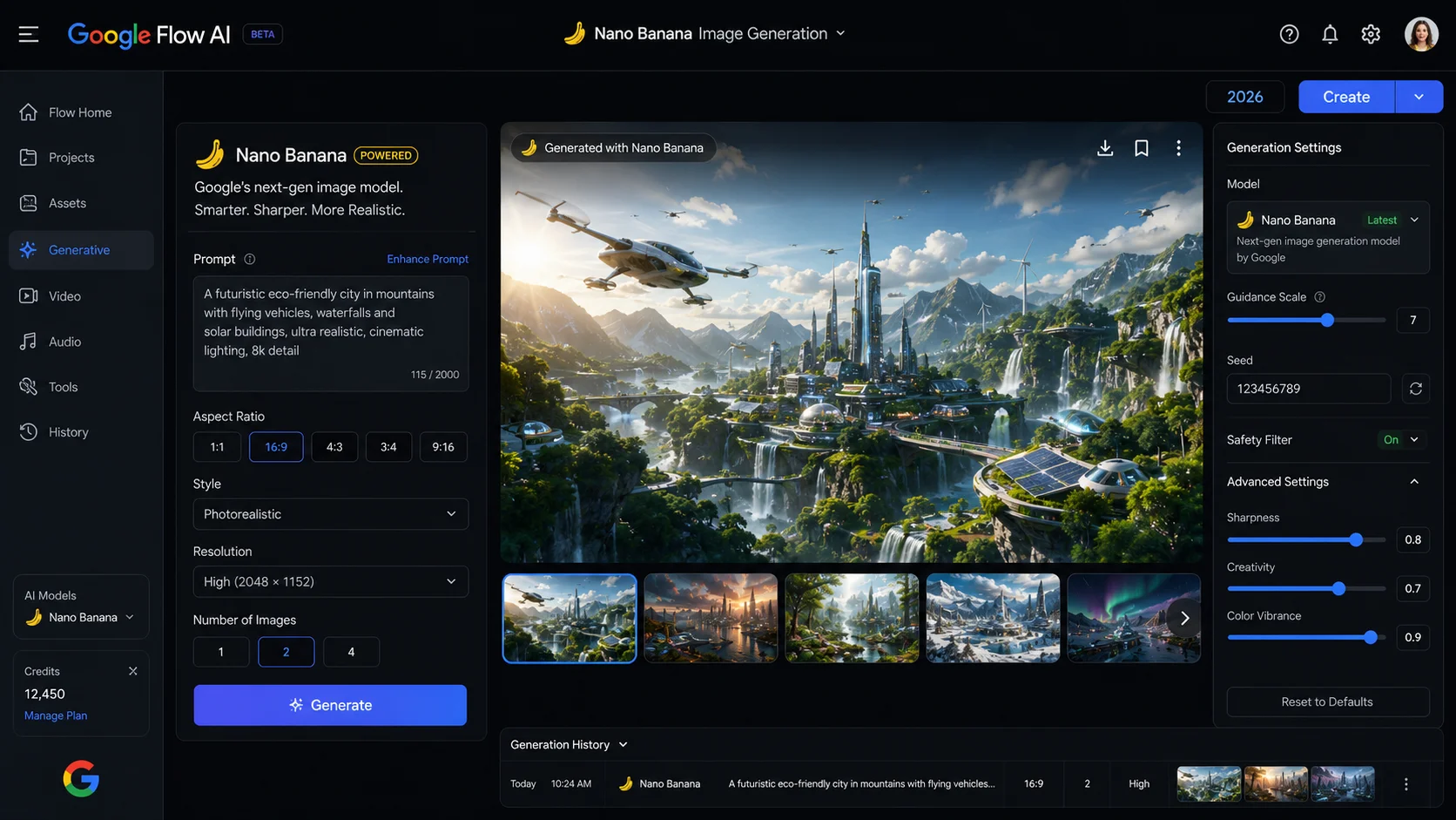 Nano Banana image generation interface inside Google Flow AI workspace 2026