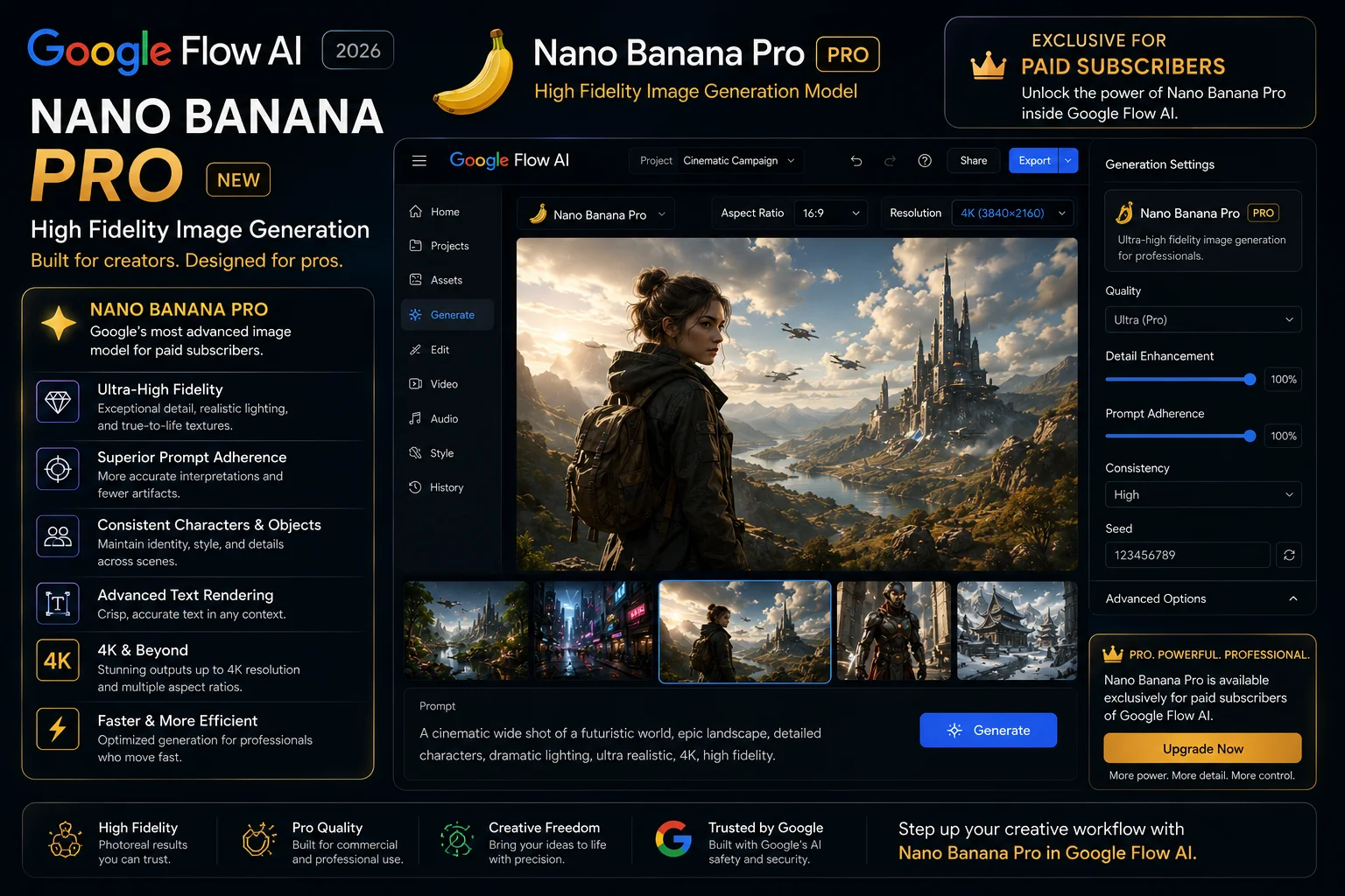 Nano Banana Pro high fidelity image generation Google Flow AI paid subscribers 2026