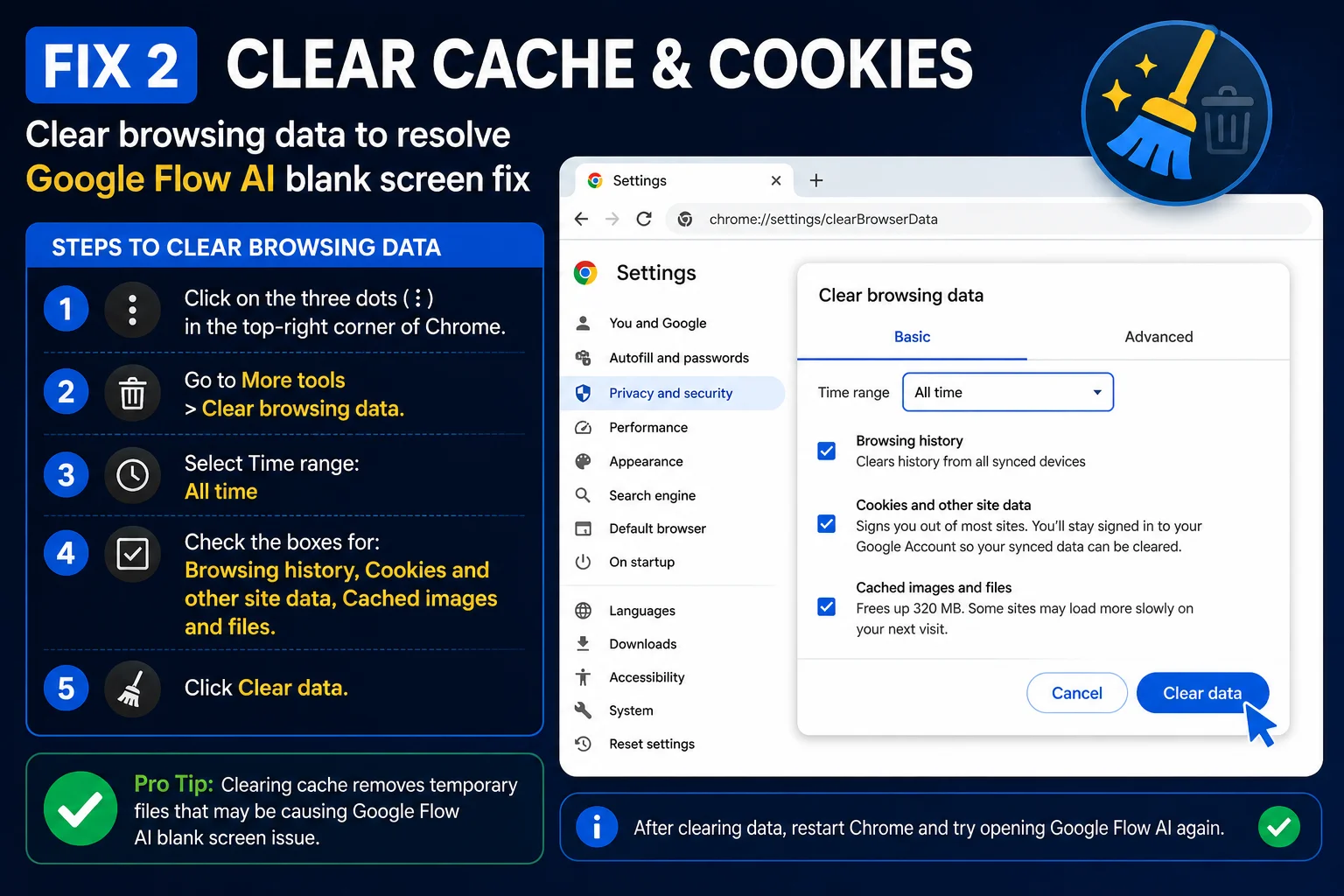 Chrome clear browsing data settings to resolve Google Flow AI blank screen fix