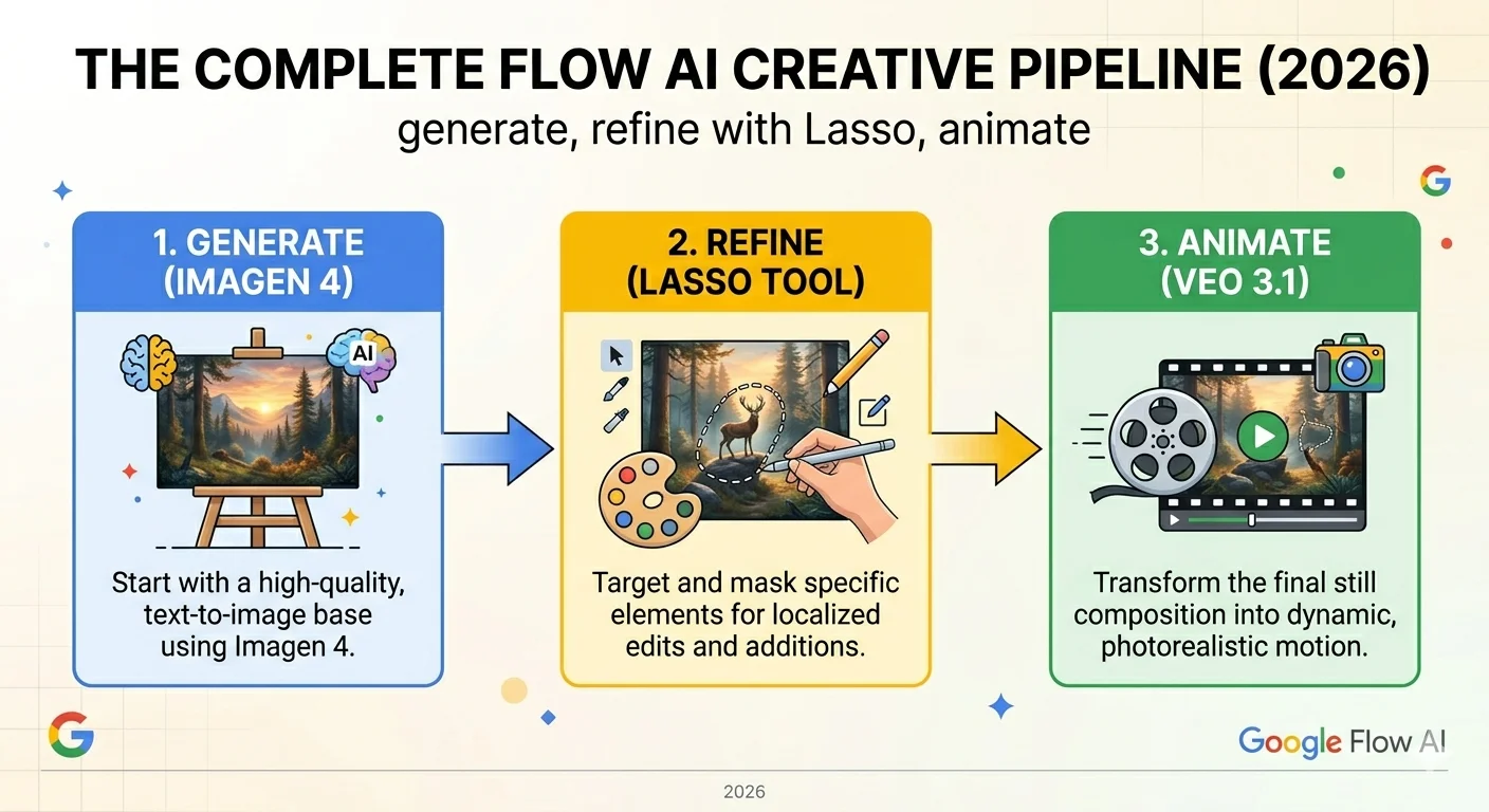 Google Flow AI creative workflow pipeline 2026 showing generation editing with lasso tool and animation steps