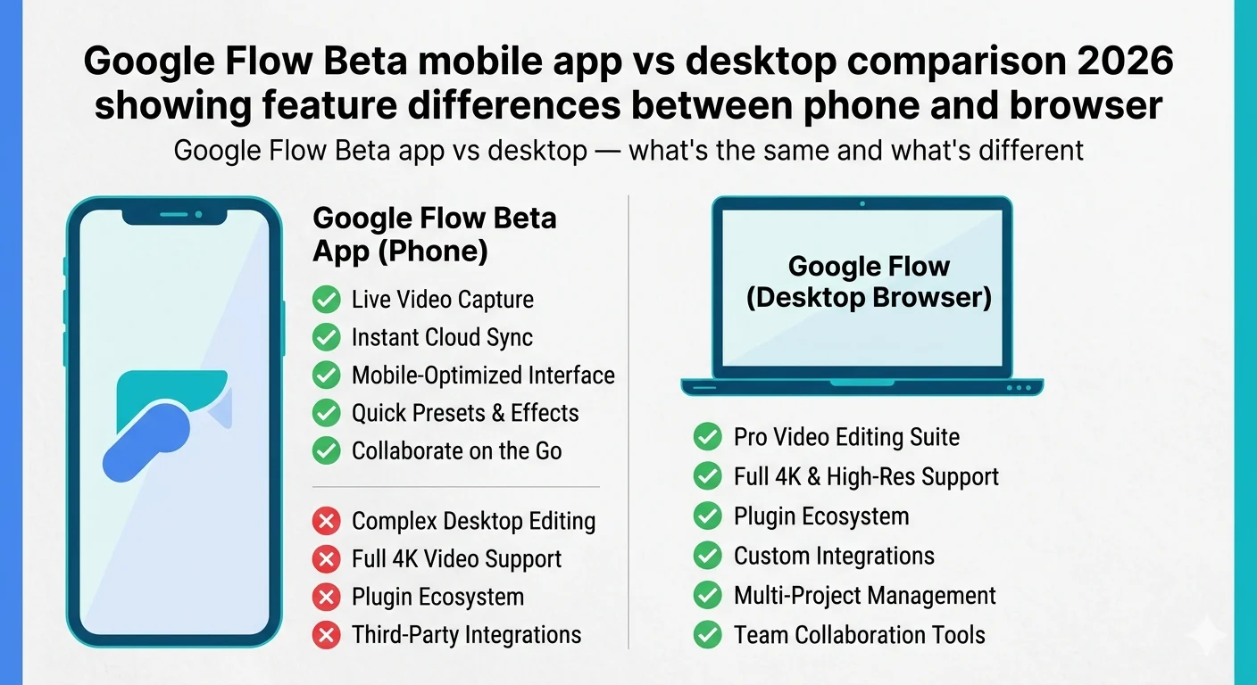 Google Flow Beta mobile app vs desktop comparison 2026 showing feature differences between phone and browser