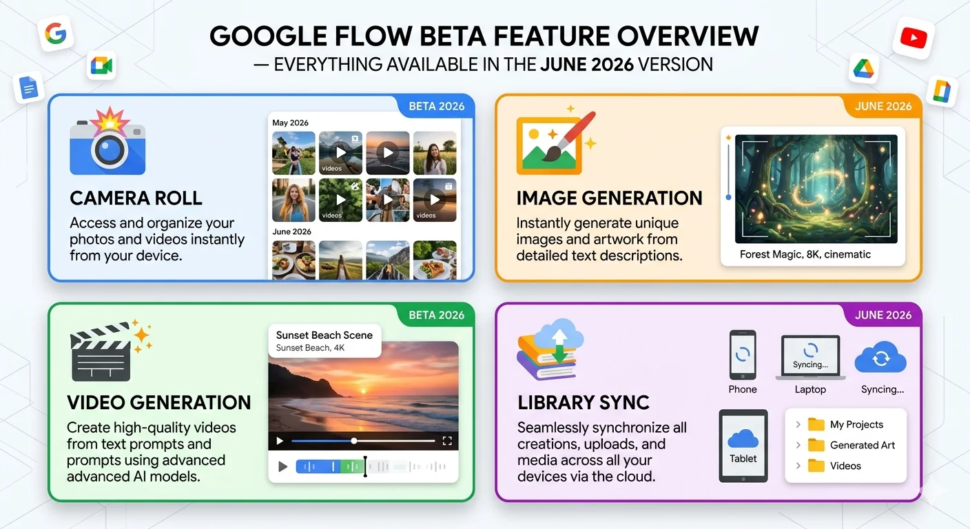 Google Flow Beta app features overview 2026 showing image generation video creation camera roll and library