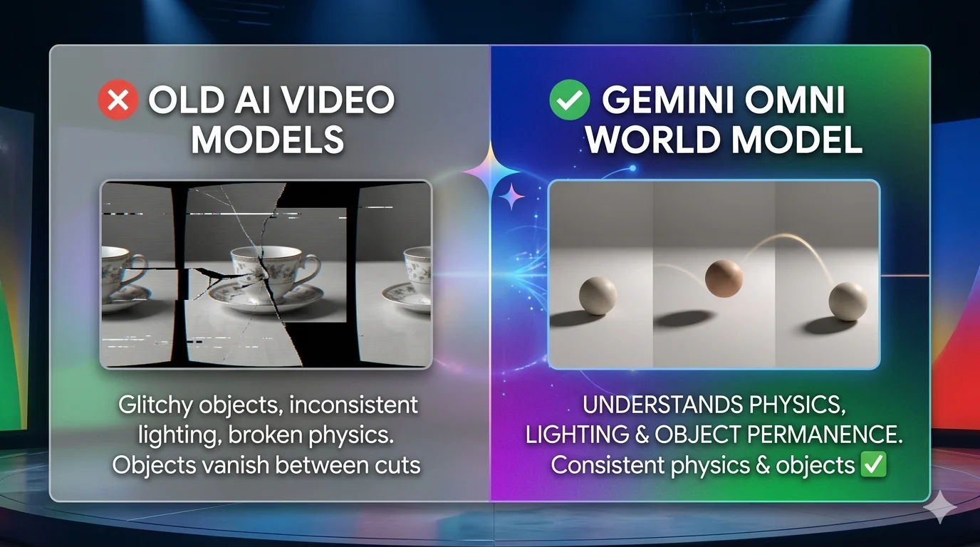 Gemini Omni world model physics explained 2026 showing object permanence and lighting consistency