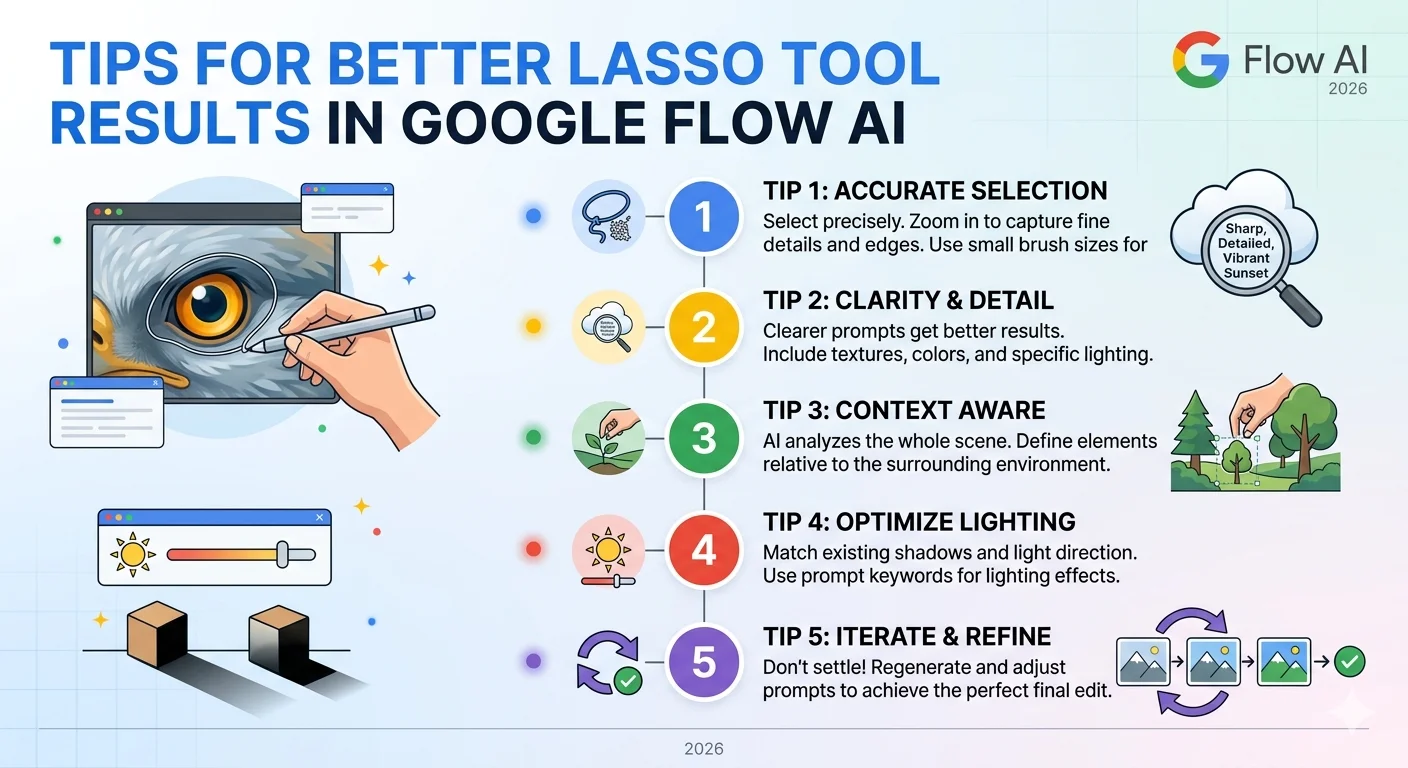 Google Flow AI lasso tool tips for best results 2026 showing selection accuracy and prompt clarity guidance