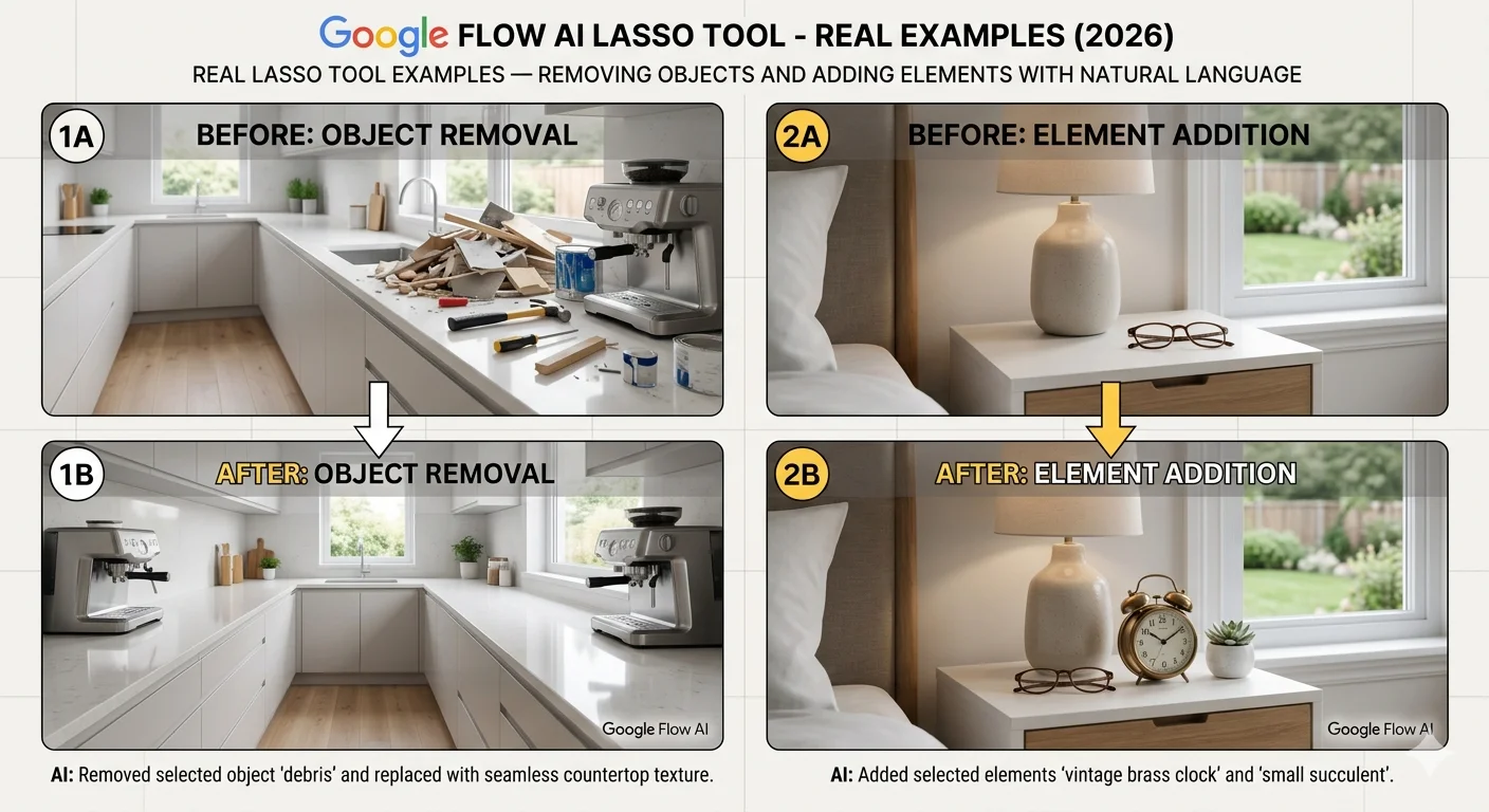 Google Flow AI lasso tool real examples 2026 showing remove object and add element results