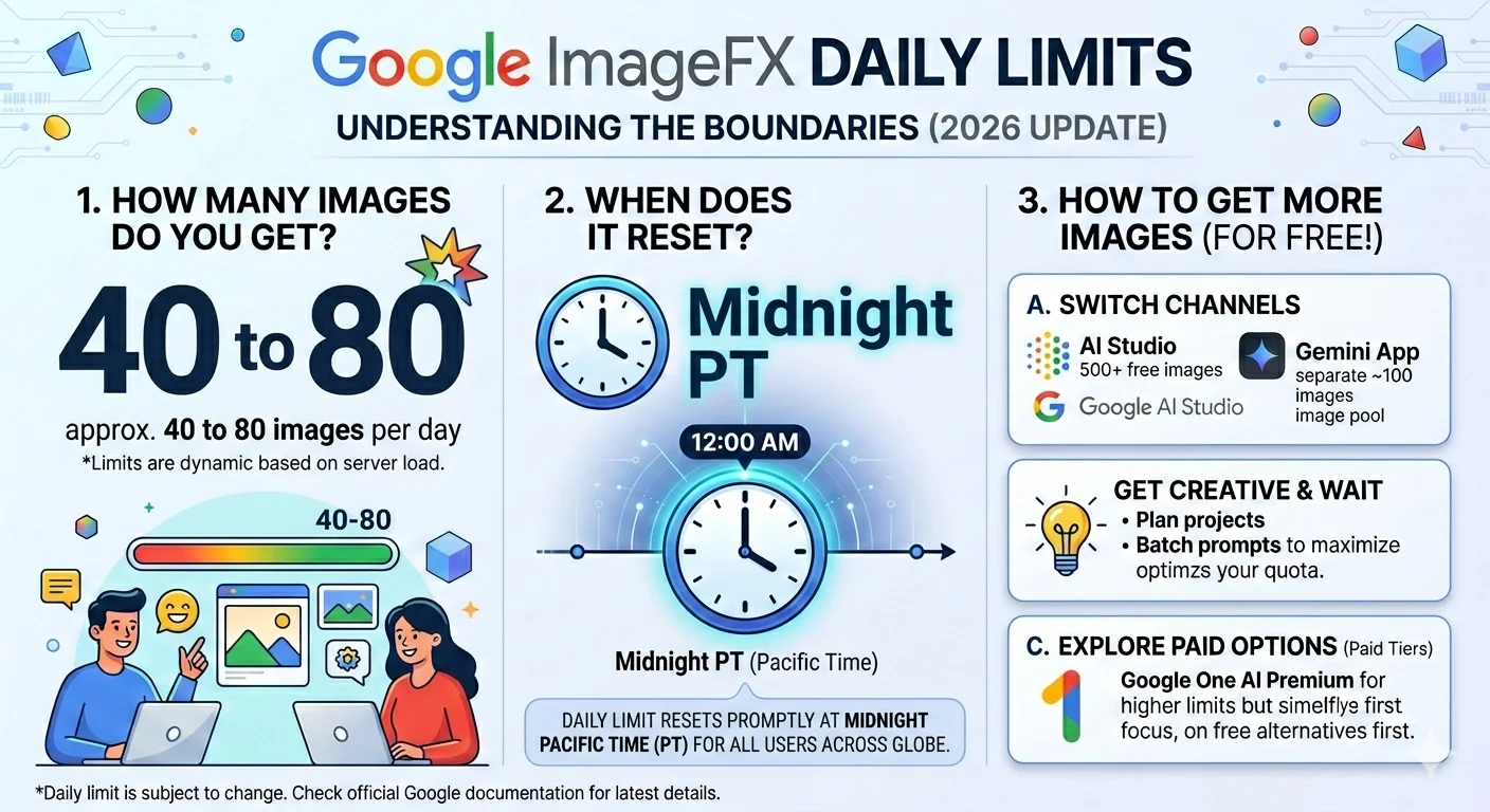 Google ImageFX daily limit numbers showing 40 to 80 images per day on free tier in 2026