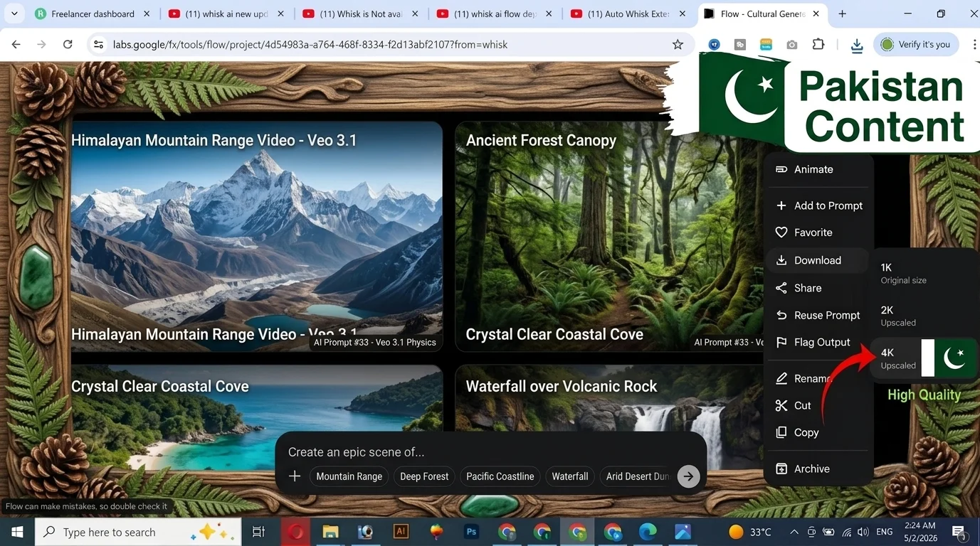 Google Flow AI nature landscape video prompts results 2026 showing mountains forests and ocean outputs