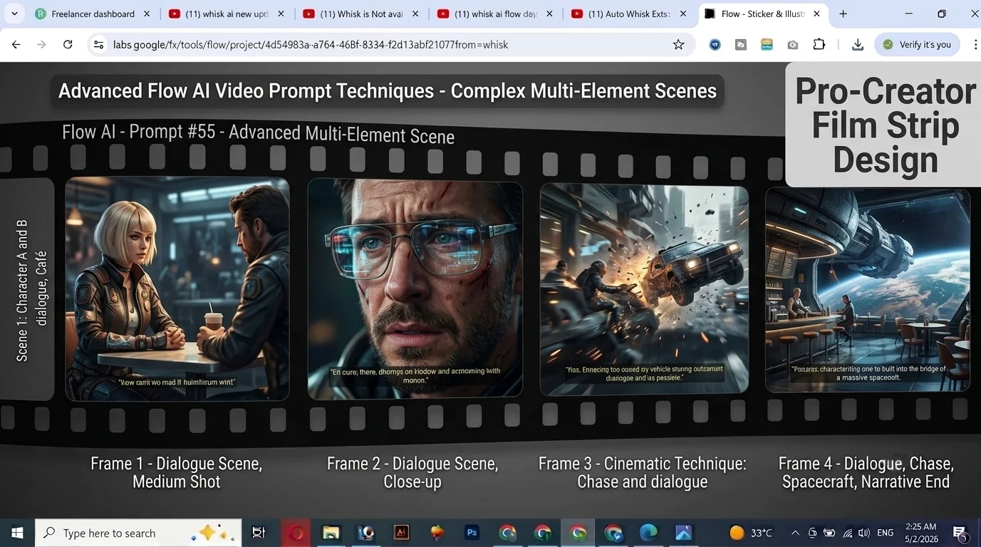 Google Flow AI advanced video prompts 2026 showing complex cinematic techniques dialogue and multi-element scenes