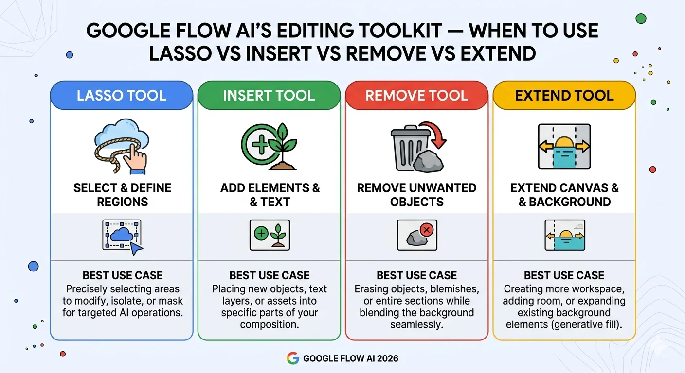 Google Flow AI editing tools comparison 2026 showing Lasso Insert Remove and Extend tool differences