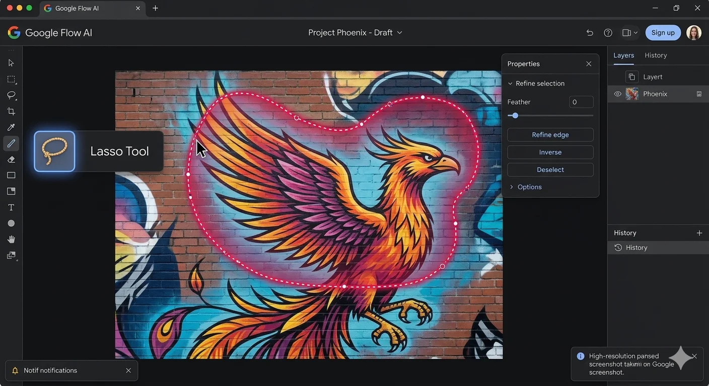 Google Flow AI lasso tool interface 2026 showing freehand drawing selection around image area