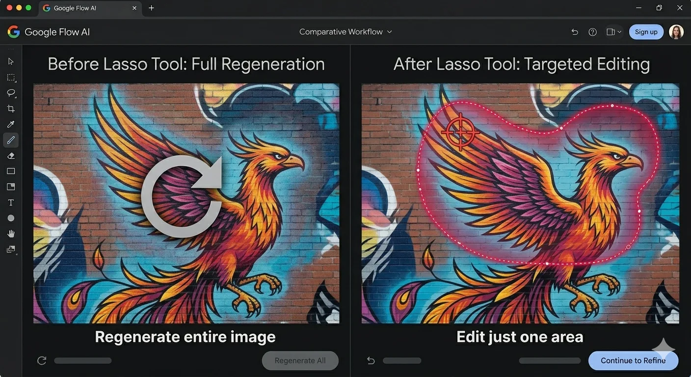 Google Flow AI lasso tool before and after comparison 2026 showing selective editing without full regeneration