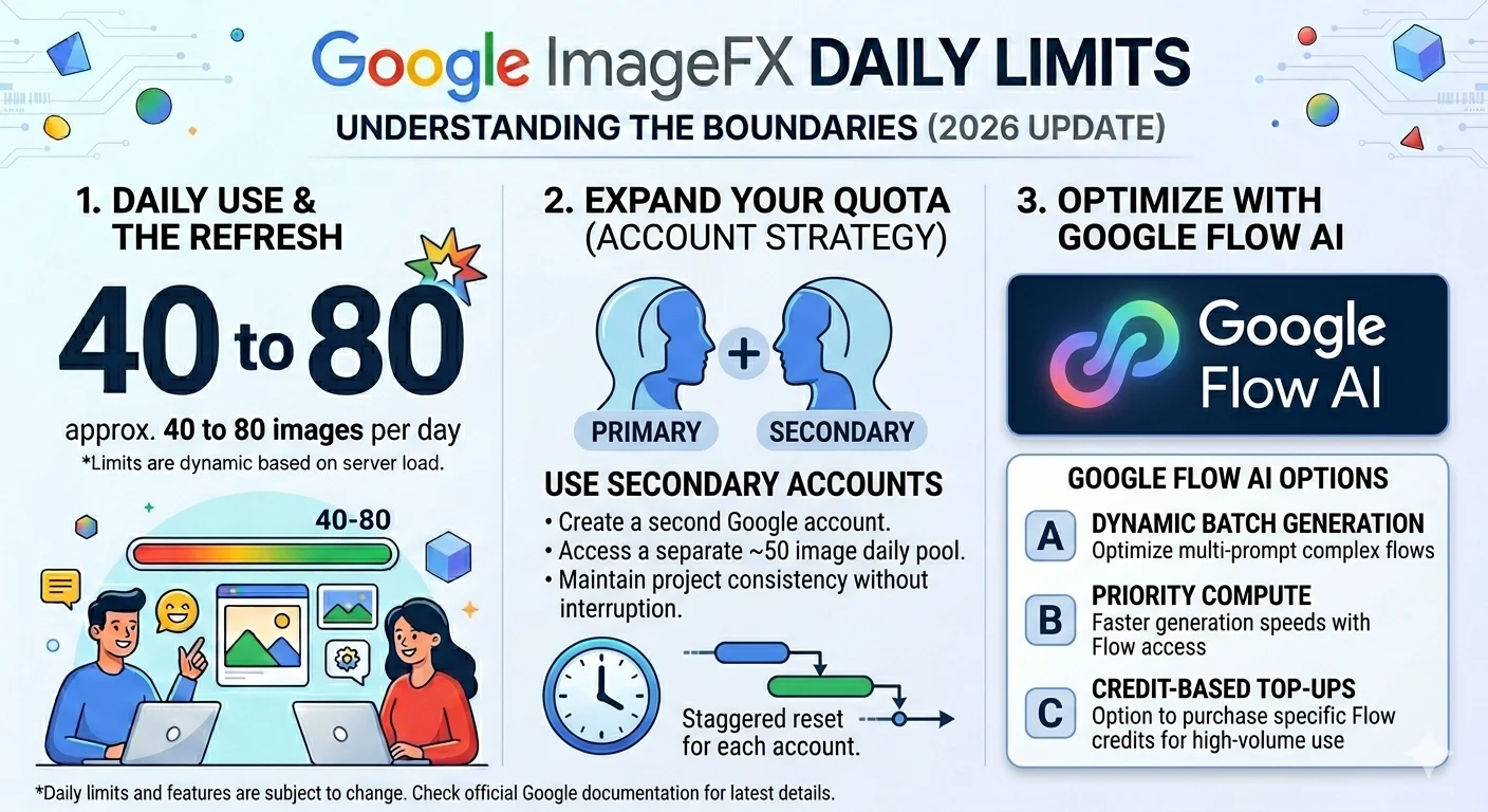 Methods to get more ImageFX daily generations in 2026 showing secondary account and Google Flow AI options