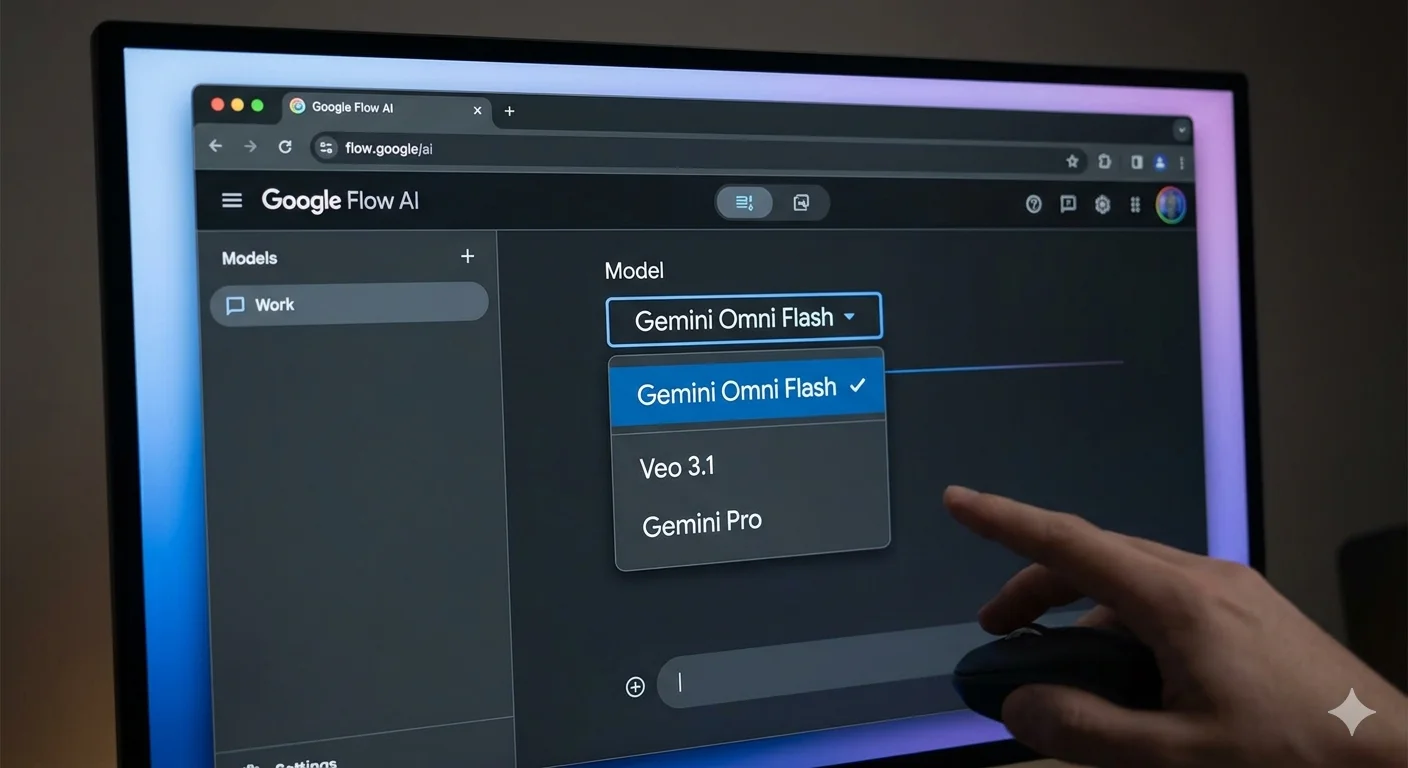 Gemini Omni Google Flow AI integration 2026 showing model selector with Omni and Veo options
