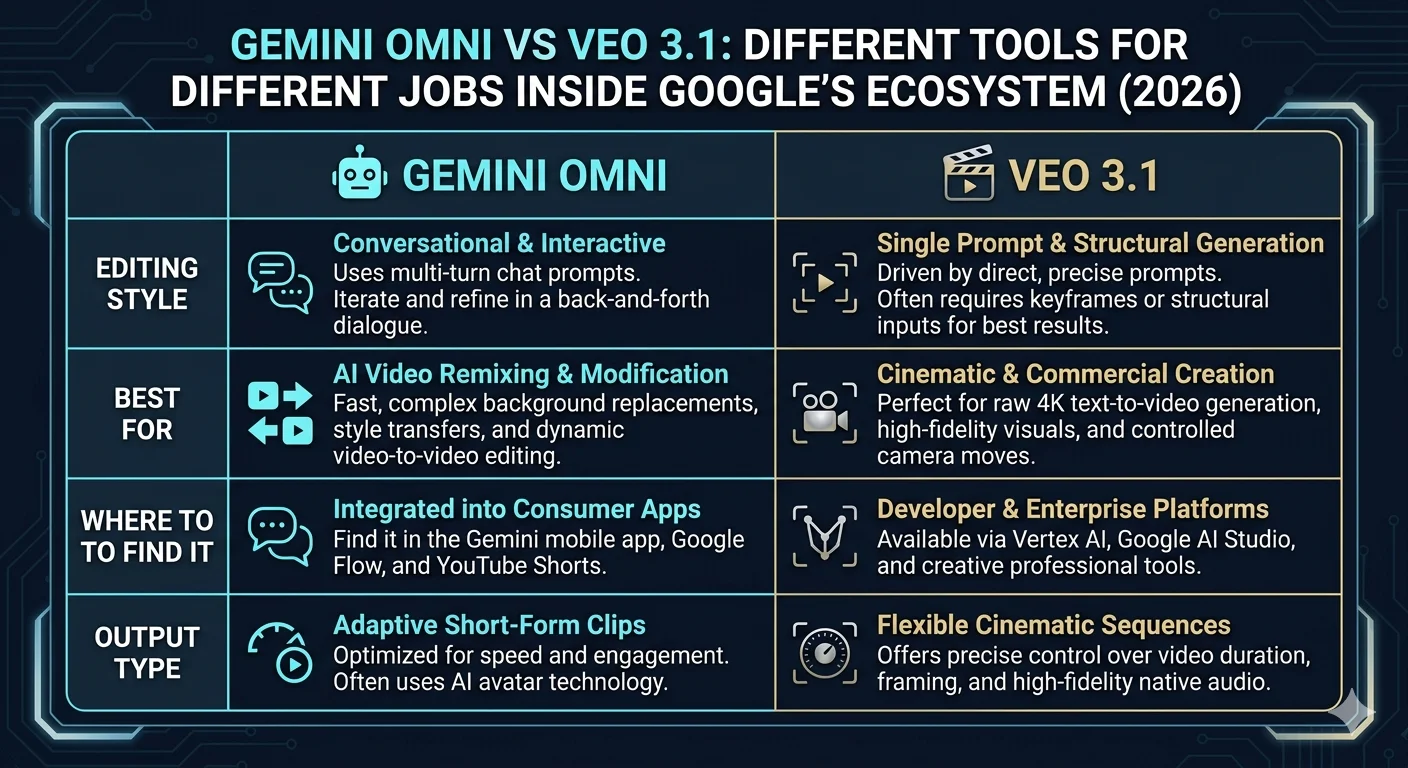 Gemini Omni vs Veo 3.1 comparison 2026 showing conversational editing versus single prompt generation