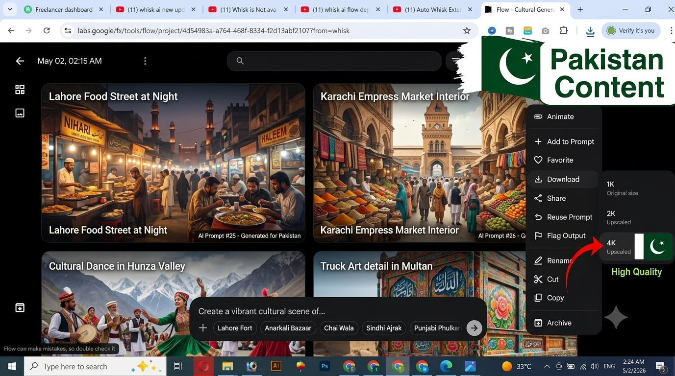 Google Flow AI Pakistan content prompts 2026 showing local cultural scenes Lahore Karachi bazaar outputs