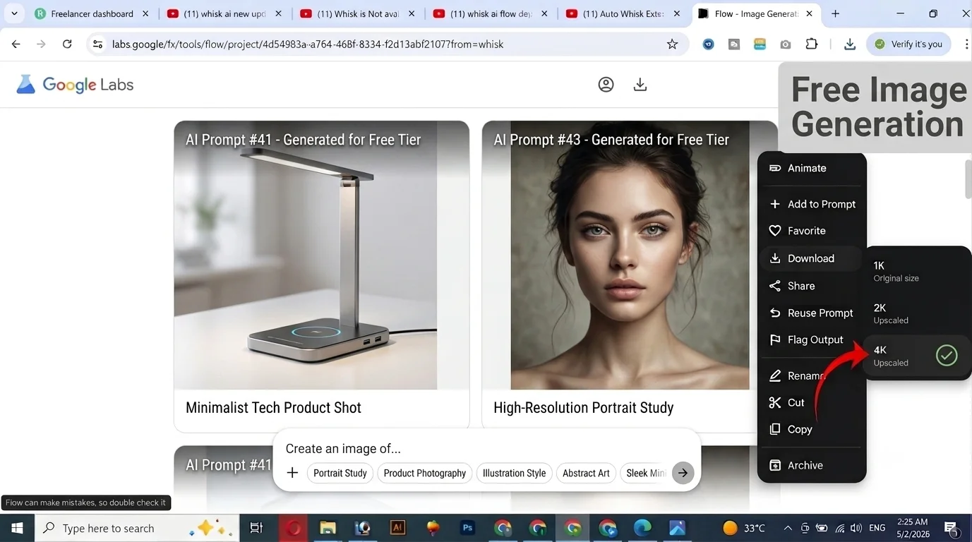 Google Flow AI image prompts 2026 copy paste showing portrait illustration product and artistic outputs