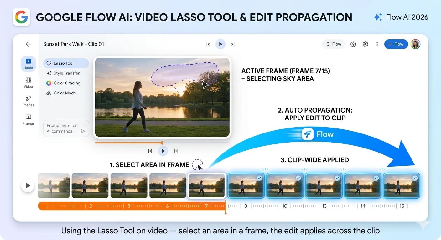 Google Flow AI lasso tool video editing 2026 showing selective frame editing for video clips