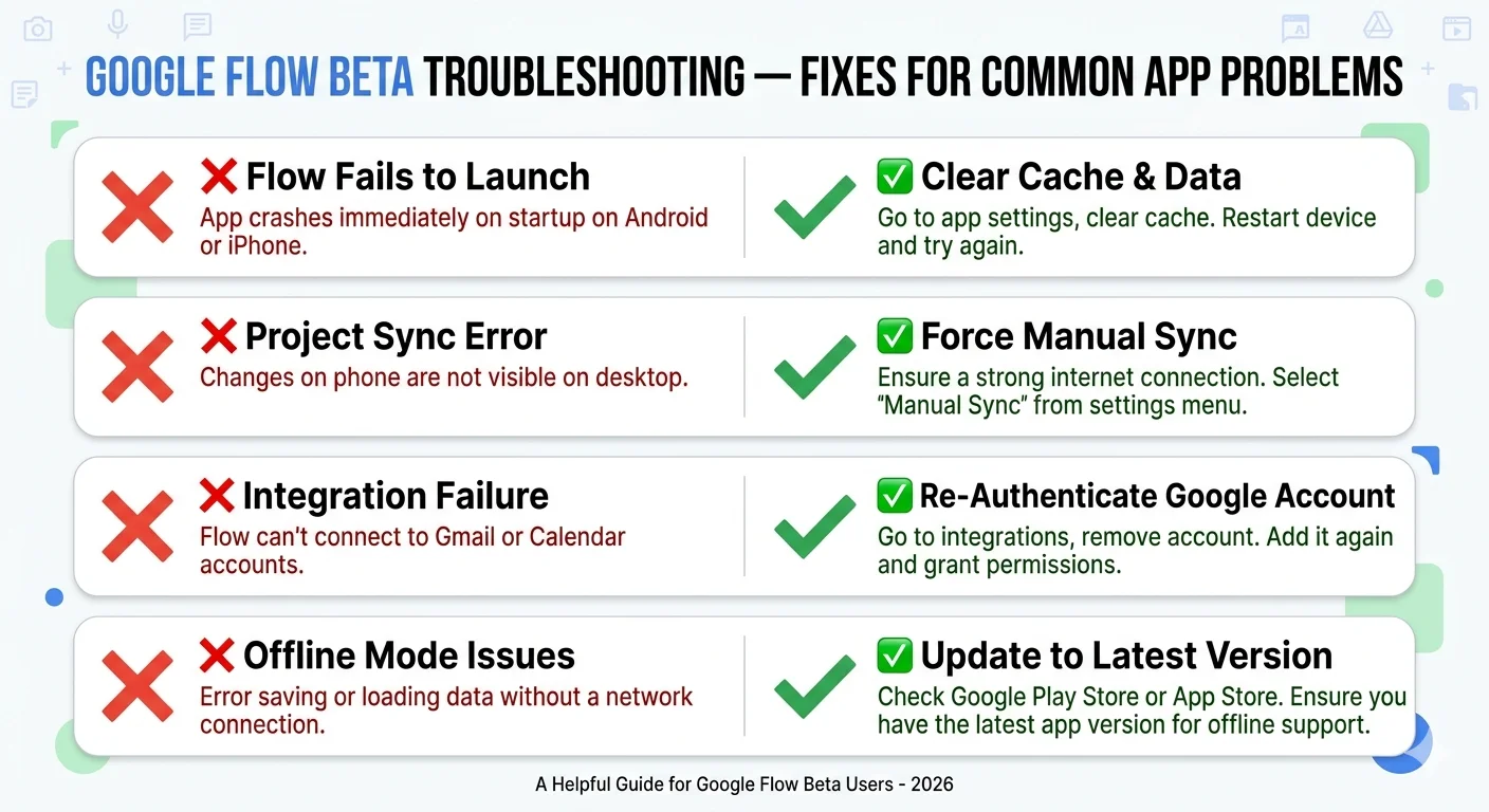 Google Flow Beta app troubleshooting fixes 2026 showing common error solutions for Android and iPhone
