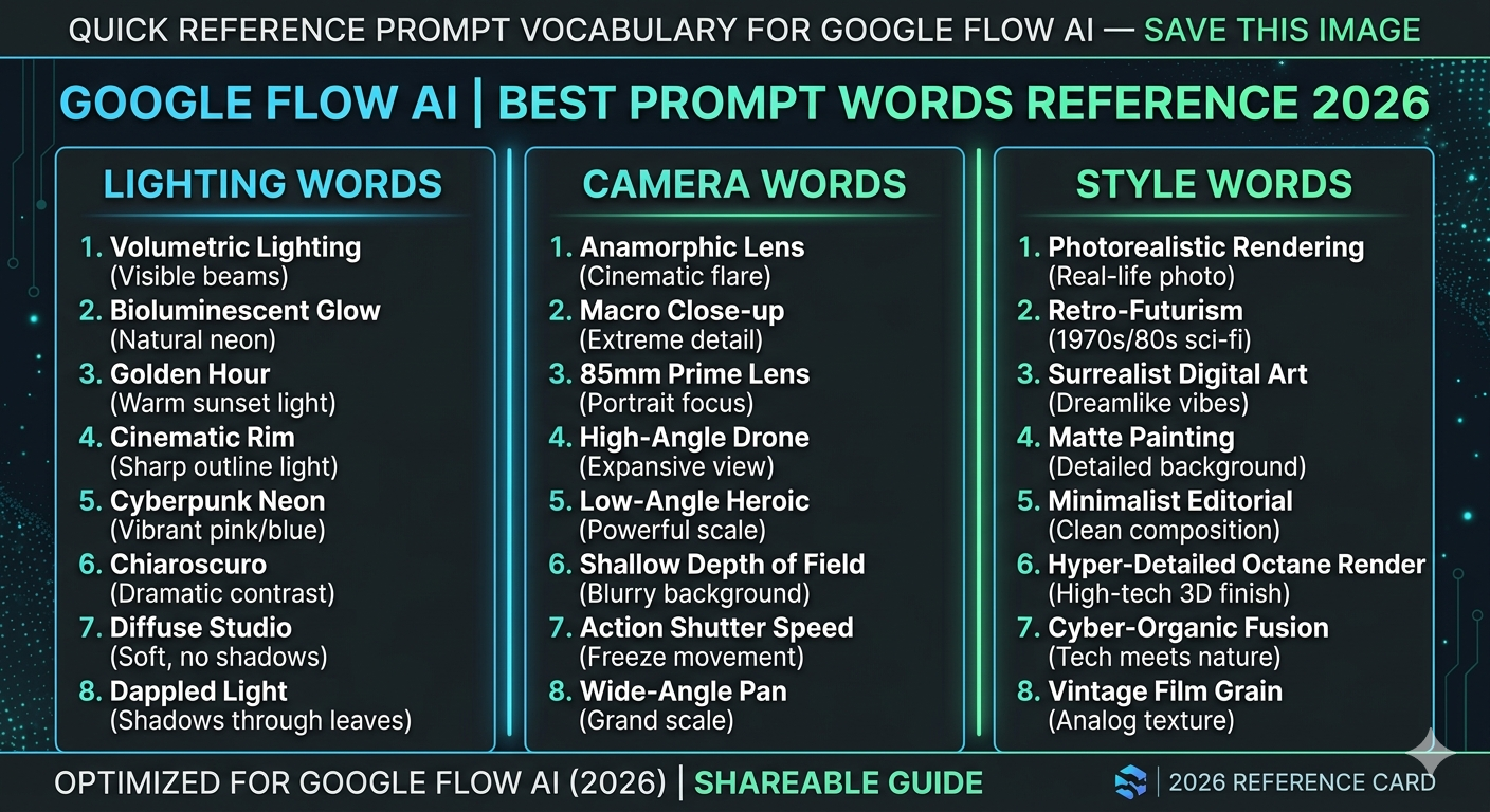 Google Flow AI best prompt words reference guide 2026 showing lighting camera and style vocabulary