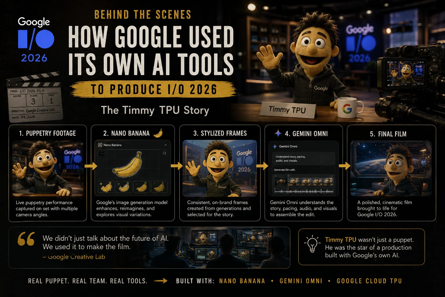 Google IO 2026 behind the scenes Timmy TPU film Nano Banana Gemini Omni production 2026