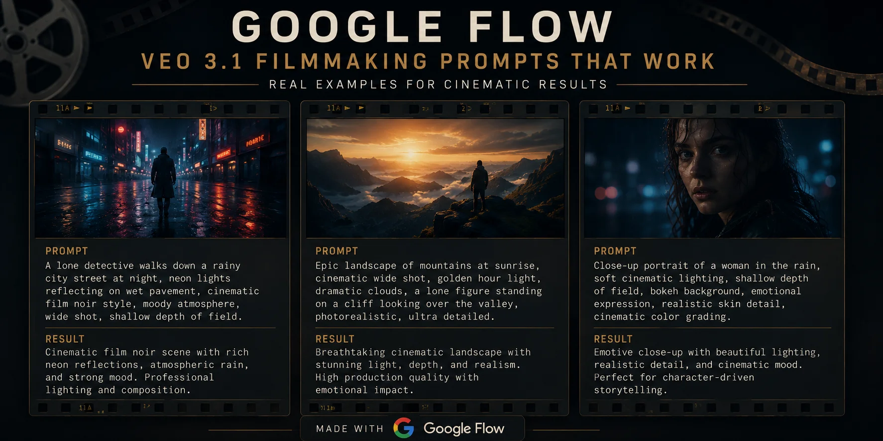 Google Flow Veo filmmaking prompts examples 2026 showing cinematic prompt structure for professional results