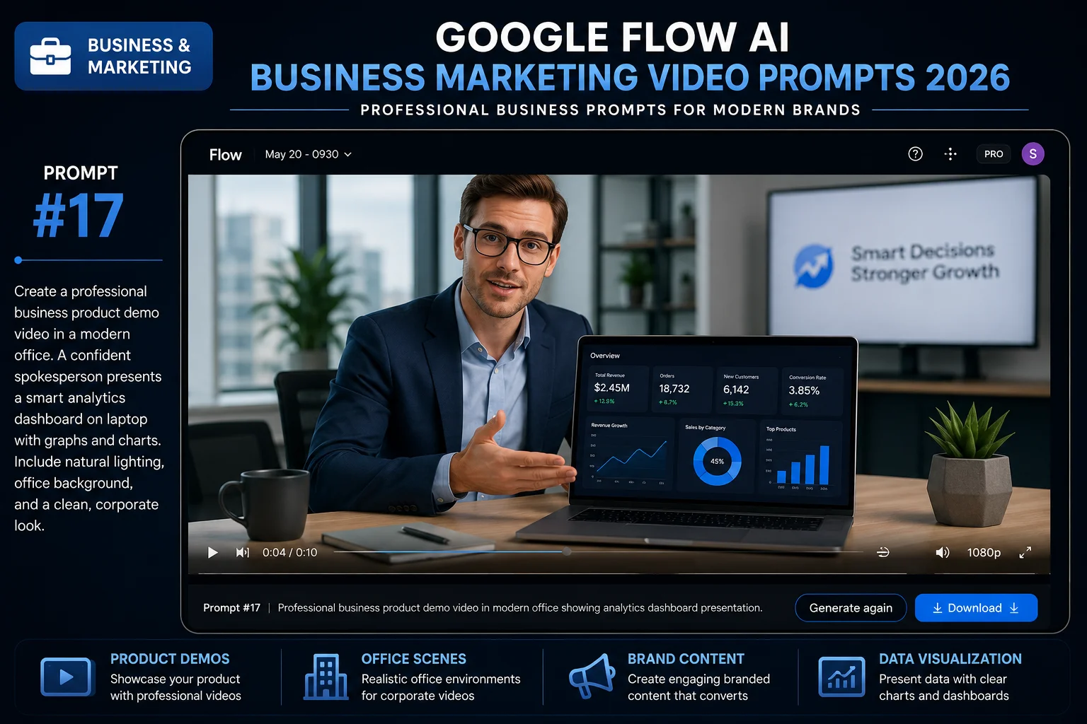 Google Flow AI business marketing video prompts 2026 showing professional office and product outputs