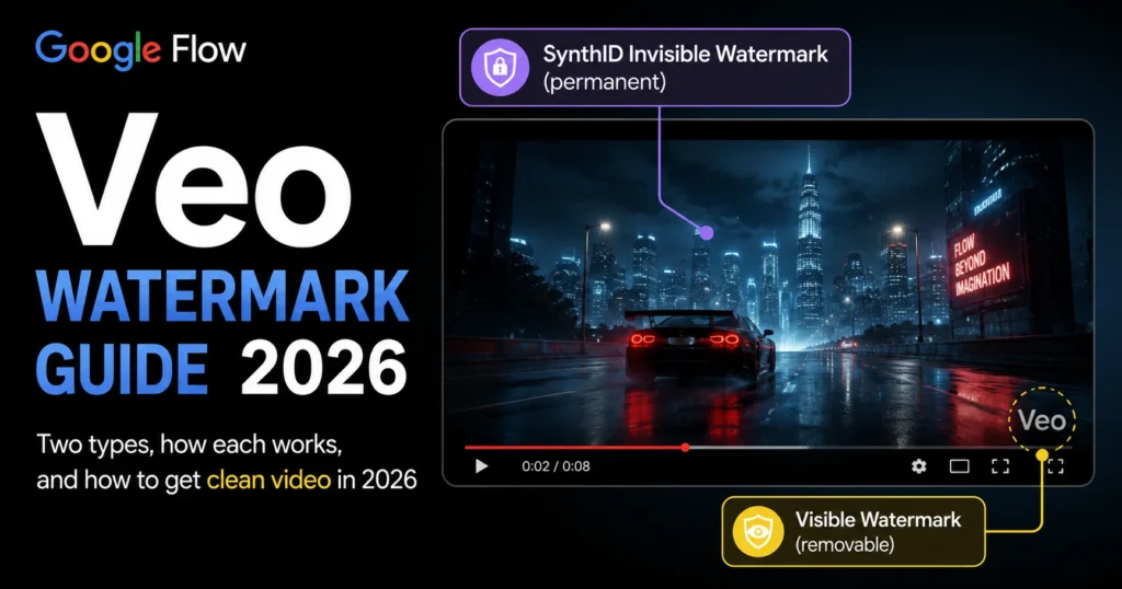 Google Flow Veo watermark guide 2026 showing visible Veo logo and SynthID invisible watermark explained