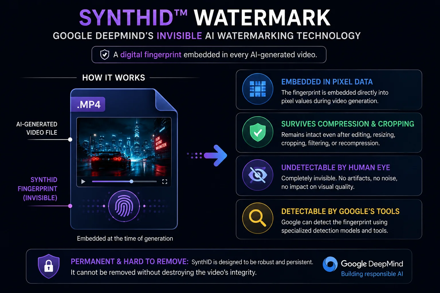 SynthID watermark Google DeepMind explained 2026 showing how invisible digital fingerprint works in video