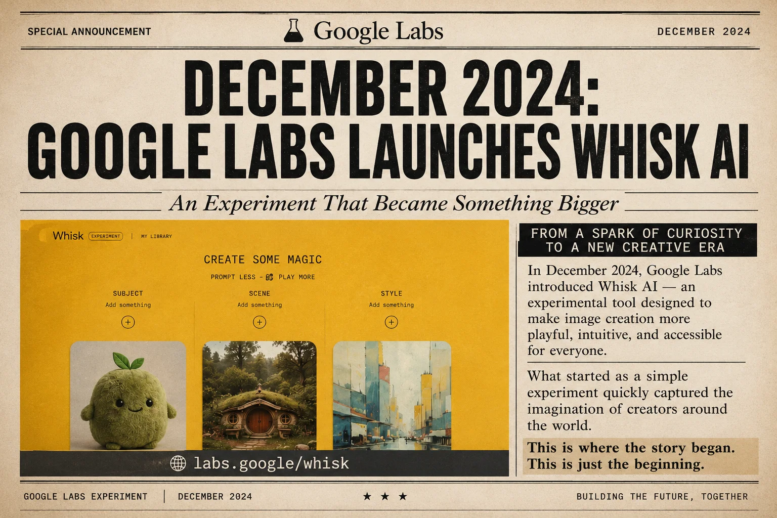 Whisk AI Google Labs origin December 2024 showing the experimental tool launch announcement
