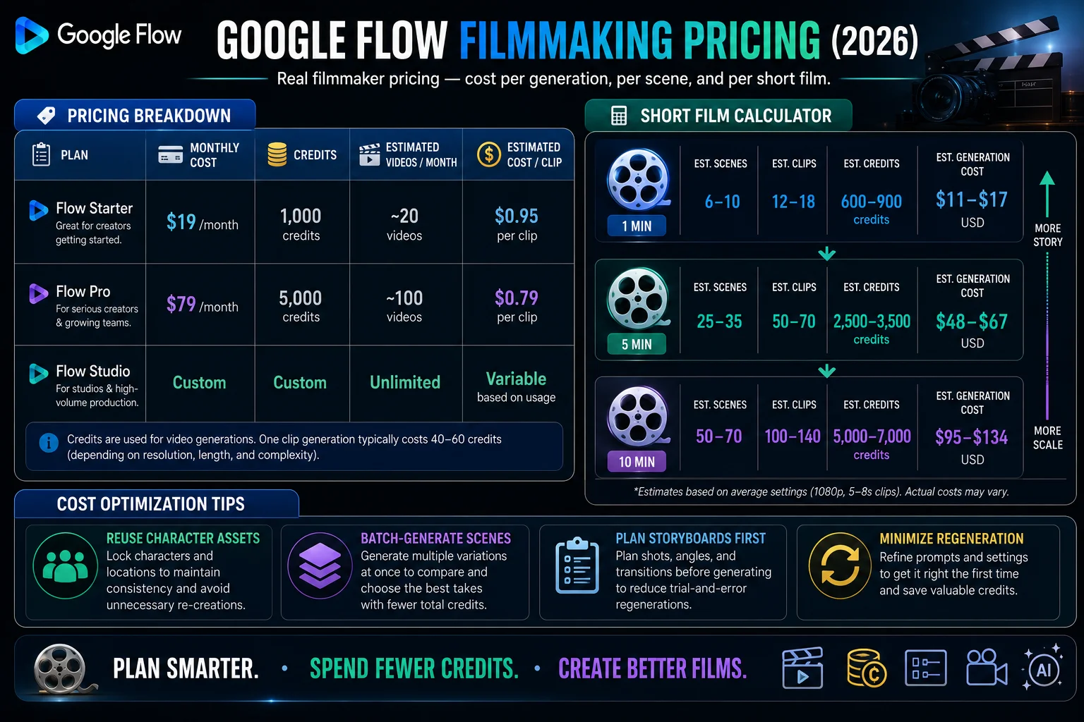Google Flow filmmaking pricing 2026 showing credits per generation and cost per short film