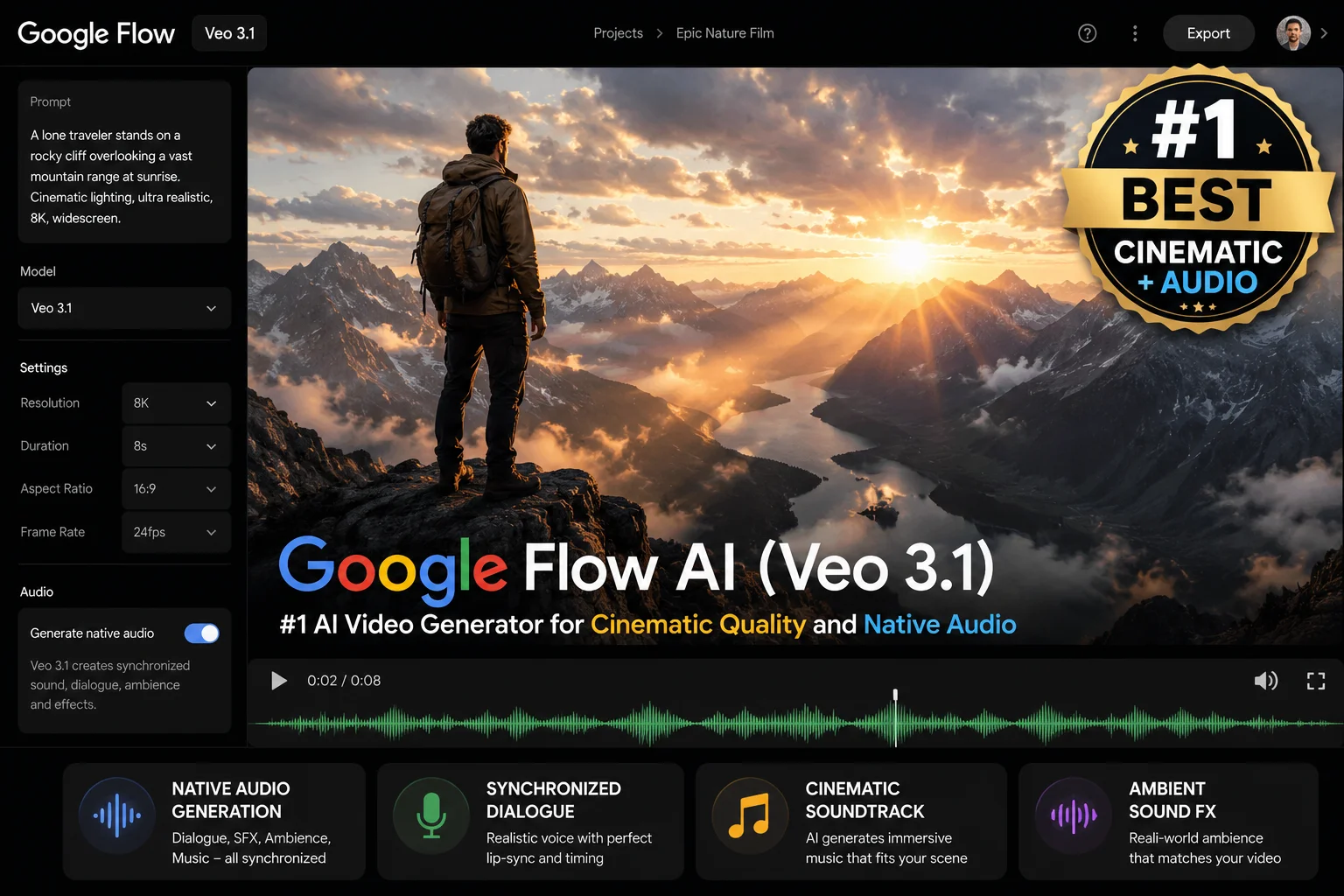 Google Flow AI Veo 3.1 best AI video generator 2026 showing cinematic output with native audio