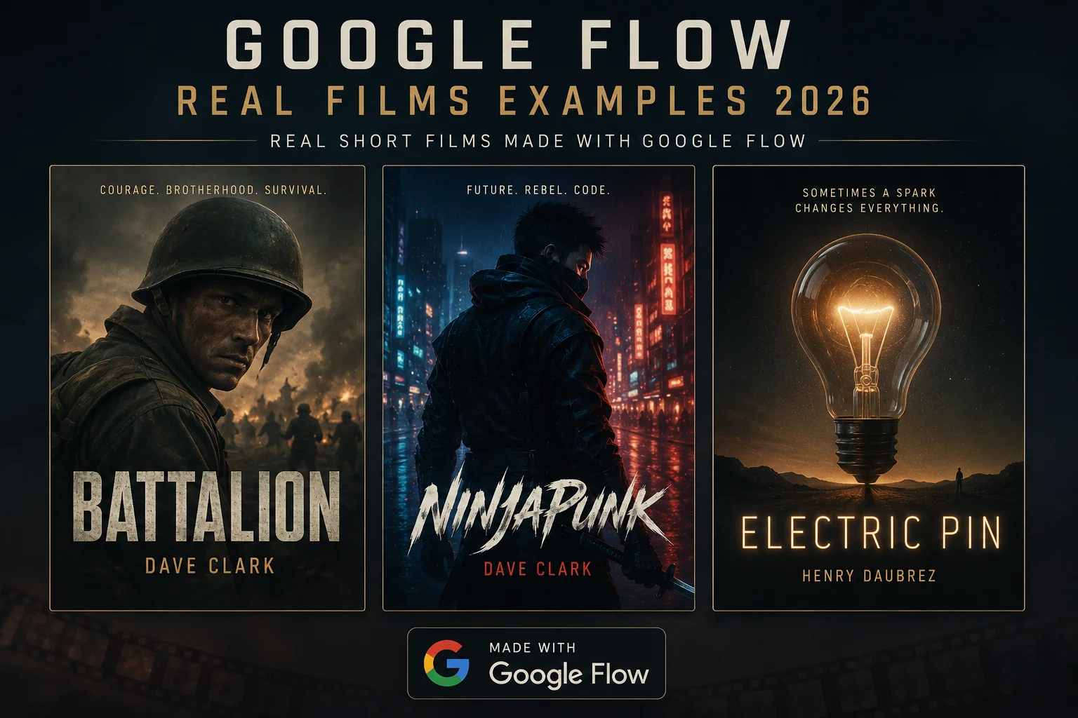 Google Flow real films examples 2026 showing Dave Clark Battalion NinjaPunk and Henry Daubrez Electric Pin