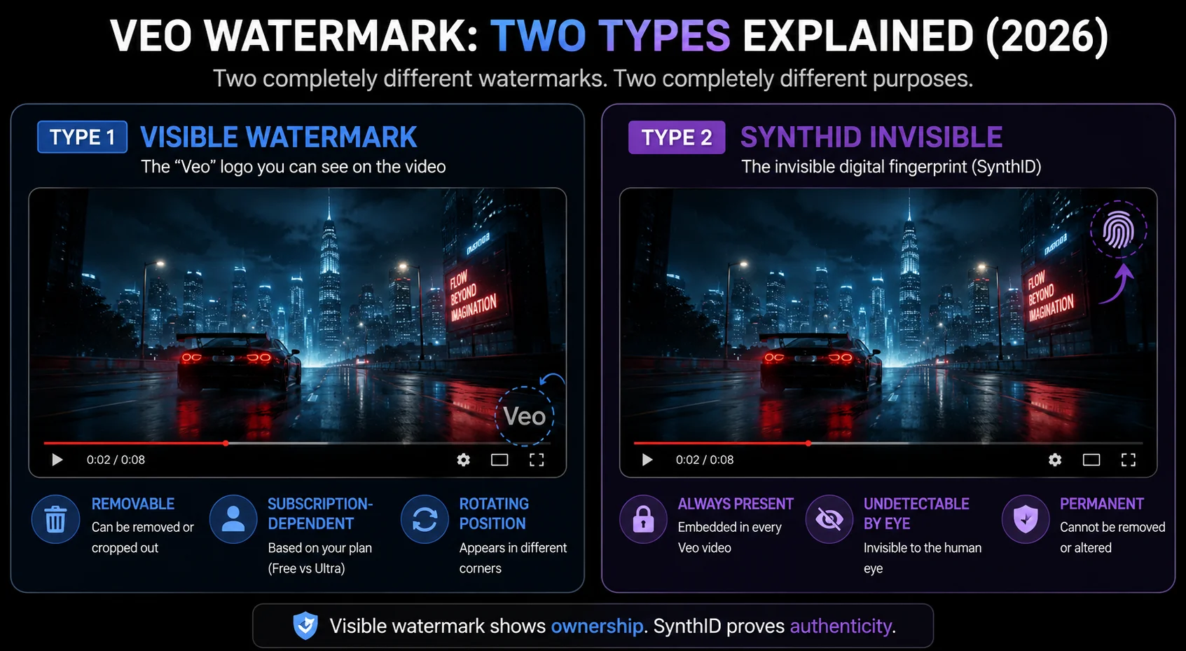 Veo watermark two types explained 2026 showing visible Veo logo and invisible SynthID digital fingerprint